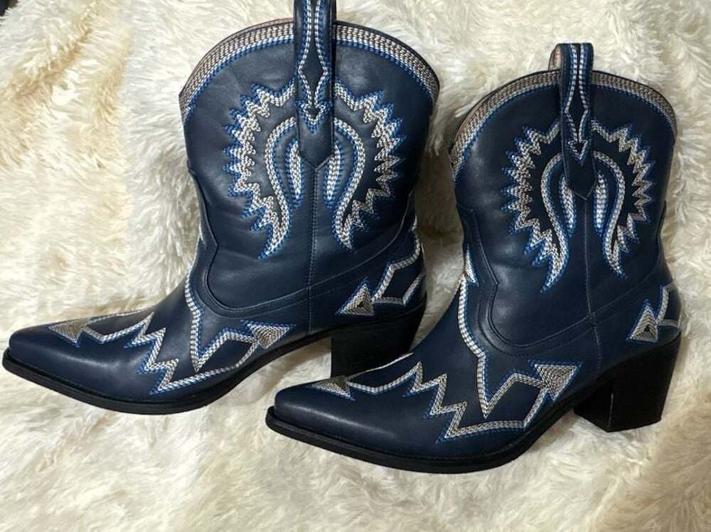 Hochfart Blue Leather Western Boots with Silver and Blue Embroidery 10.5